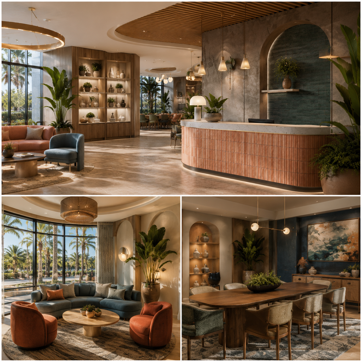Commercial interior design in Anaheim showing a modern reception area, lounge, and meeting room with warm wood, blue and terracotta accents, plants, and elegant lighting.