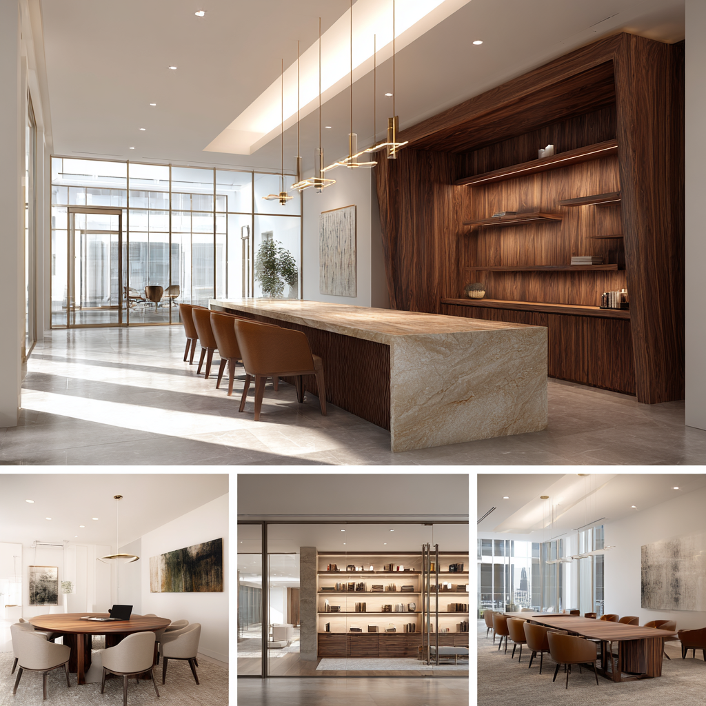 Luxury commercial interior design with reception, showroom, meeting room, and executive office in Bel Air