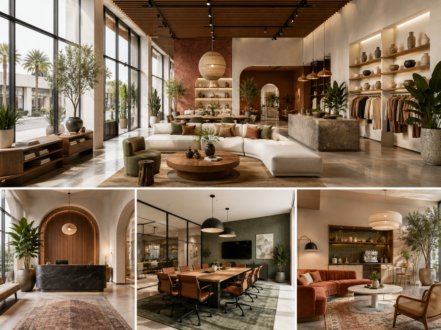 Commercial interior design collage in Costa Mesa featuring a retail showroom, reception area, conference room, and lounge space