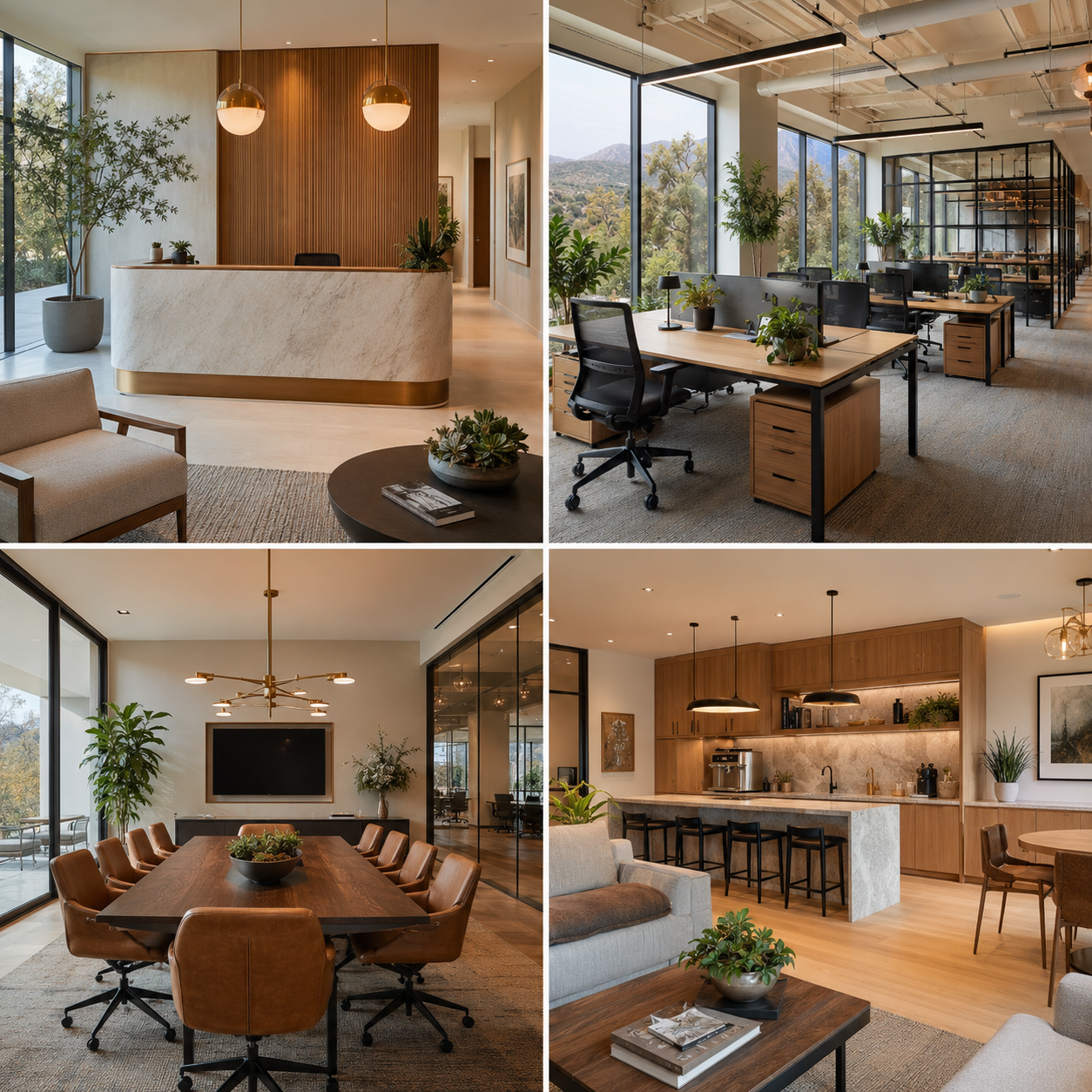 Commercial office space interior design in Altadena showing a reception area, open office, conference room, and break area in a modern upscale style.