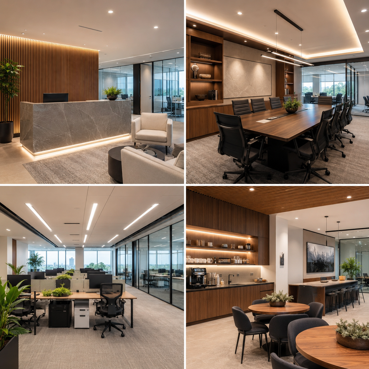 Corporate office interior design in Anaheim showing a reception area, boardroom, open office workspace, and break area with minimalist style, glass partitions, and wood finishes.
