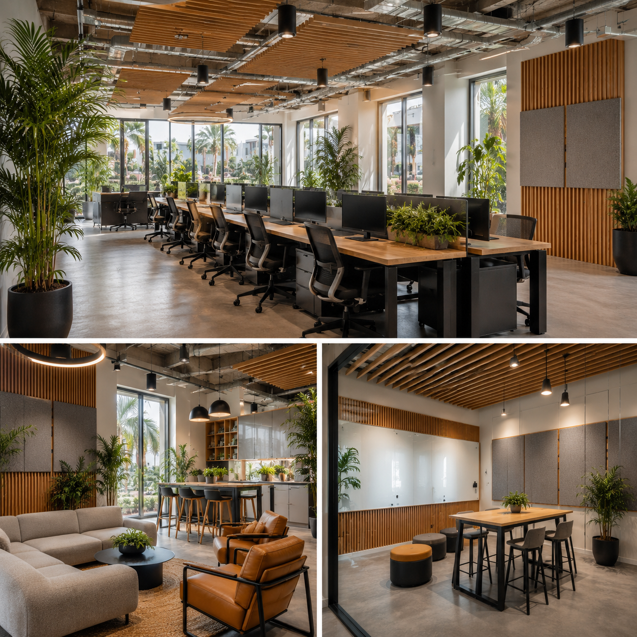 Creative tech office interior design in Anaheim showing an open workspace, lounge area, and collaboration zone with acoustic panels, wood details, plants, and modern office furniture.