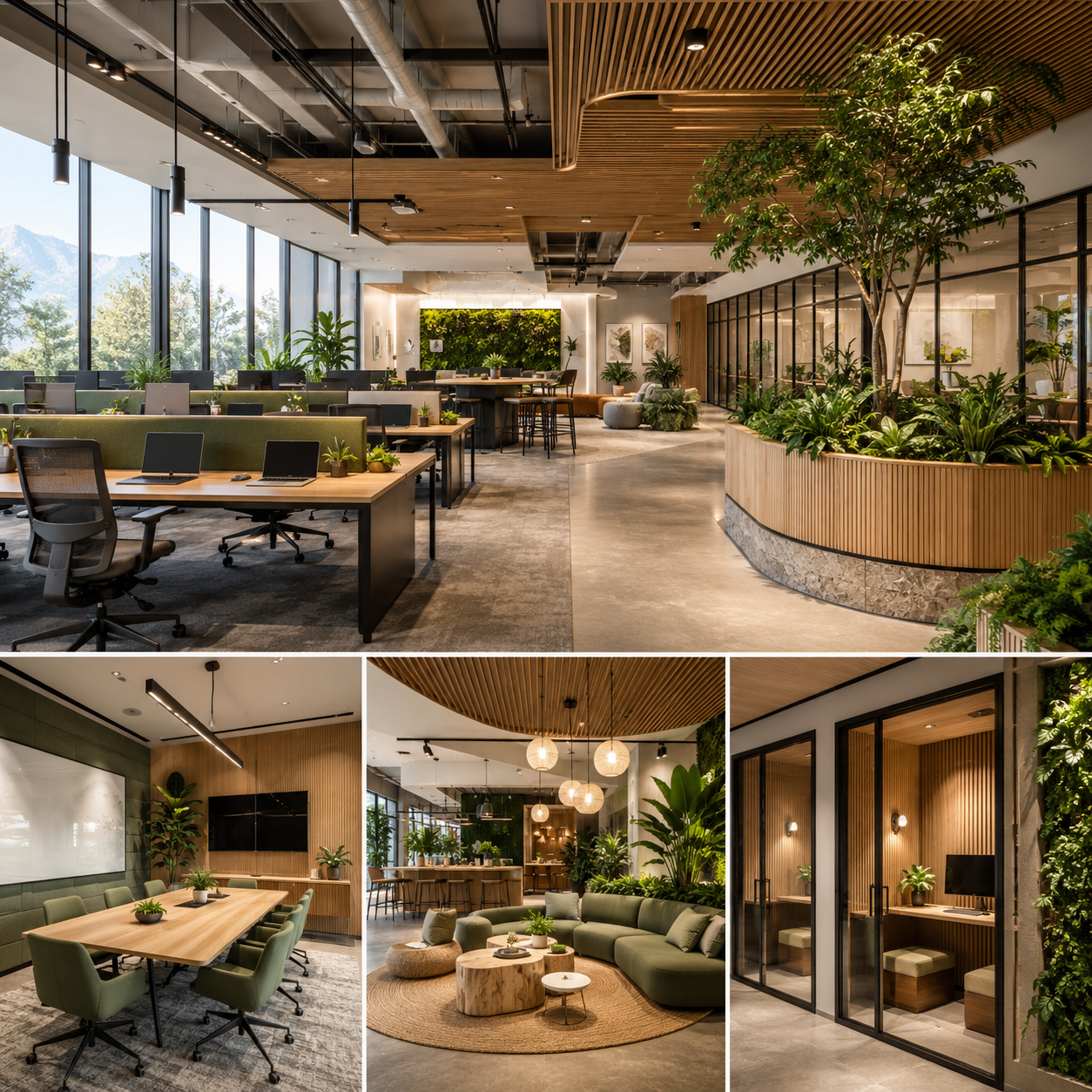 Creative and tech office interior design in Arcadia featuring open workstations, biophilic elements, collaborative zones, meeting rooms, and private focus booths.