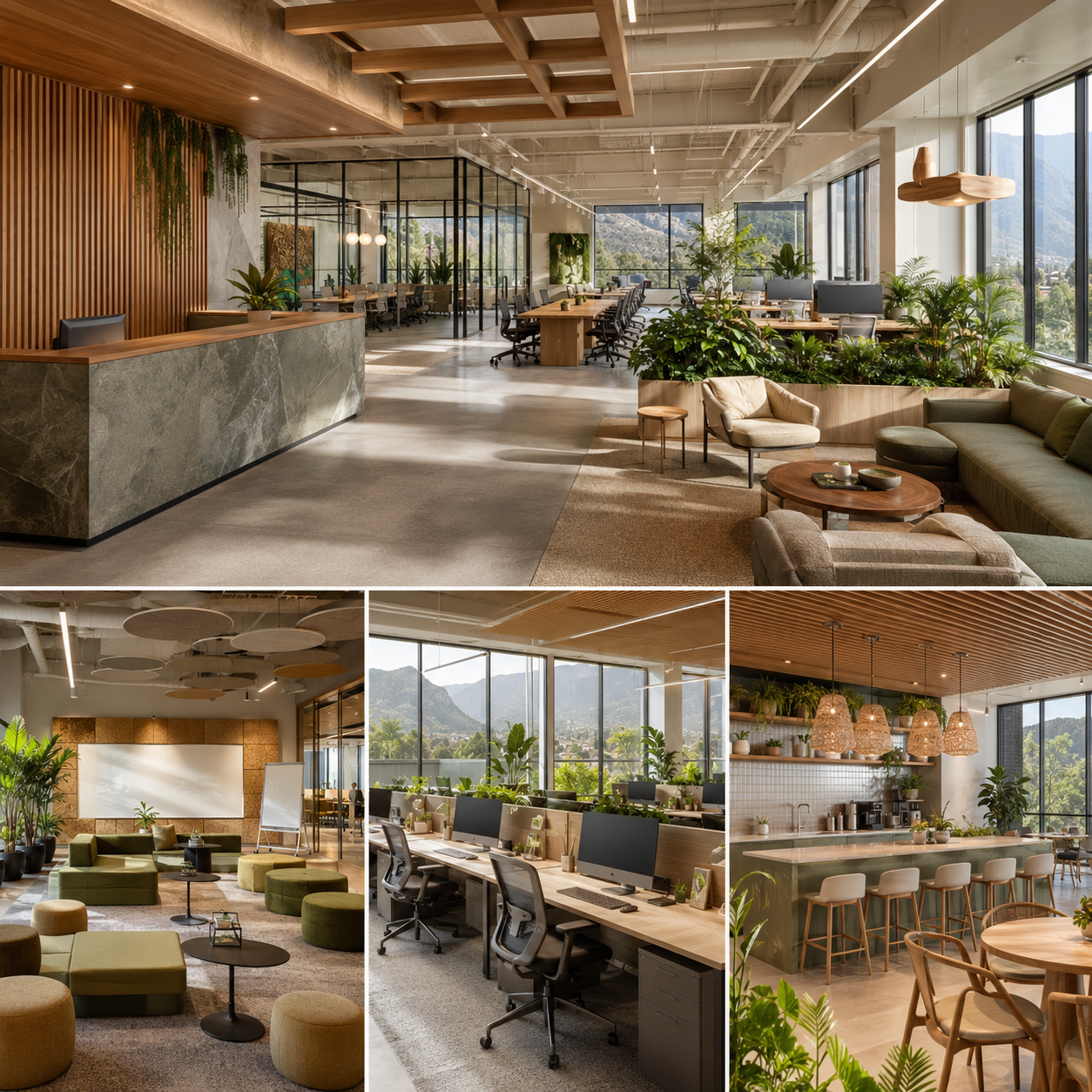Creative and tech office interior design in Azusa featuring biophilic workspaces, flexible collaboration areas, acoustic ceiling panels, natural wood finishes, ergonomic desks, and abundant indoor plants.