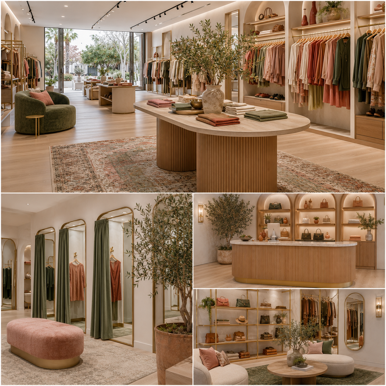 Elegant boutique interior design in Brea showing a luxury retail showroom with clothing displays, soft seating, warm lighting, wood details, and refined modern décor.
