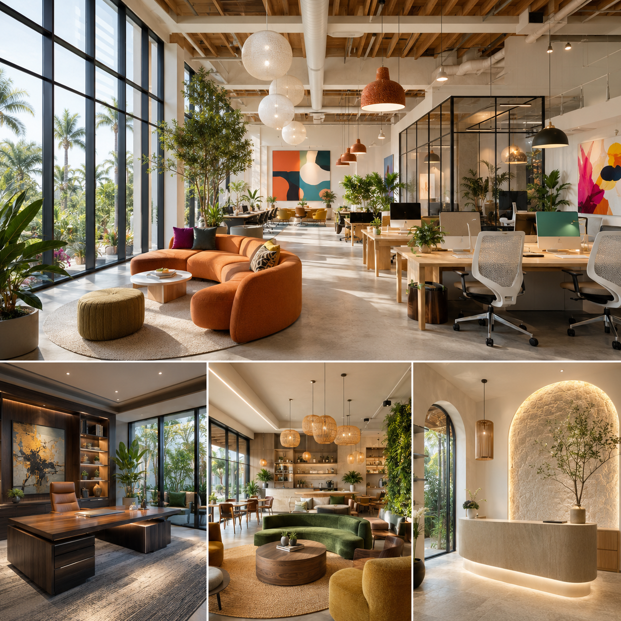 Fresh office interior designs in Arcadia featuring a creative workspace, executive office, coworking lounge, and elegant reception area.