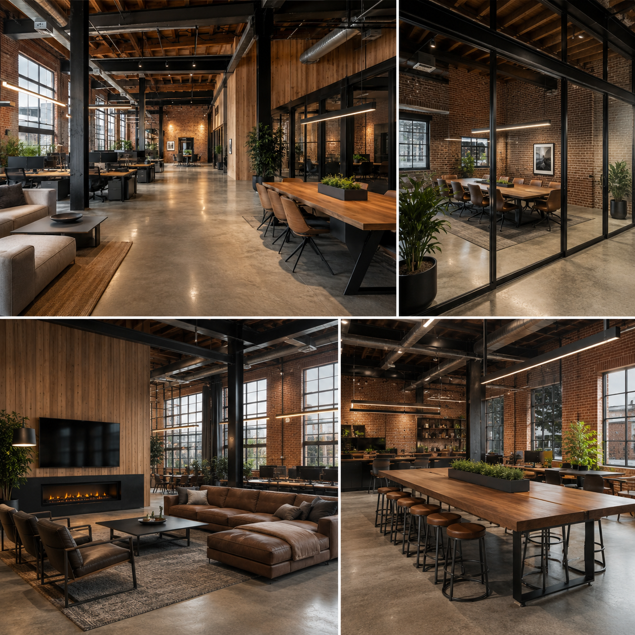 Industrial office interior design in Anaheim showing an open workspace, glass meeting room, lounge area, and collaboration zone with exposed brick, steel beams, and warm wood finishes.