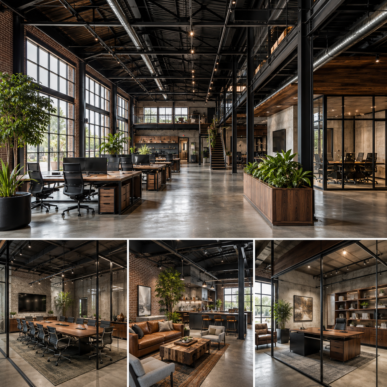 Industrial office interior design in Arcadia and San Gabriel Valley featuring warehouse conversion workspaces, exposed steel, brick walls, concrete floors, and glass-partitioned offices.