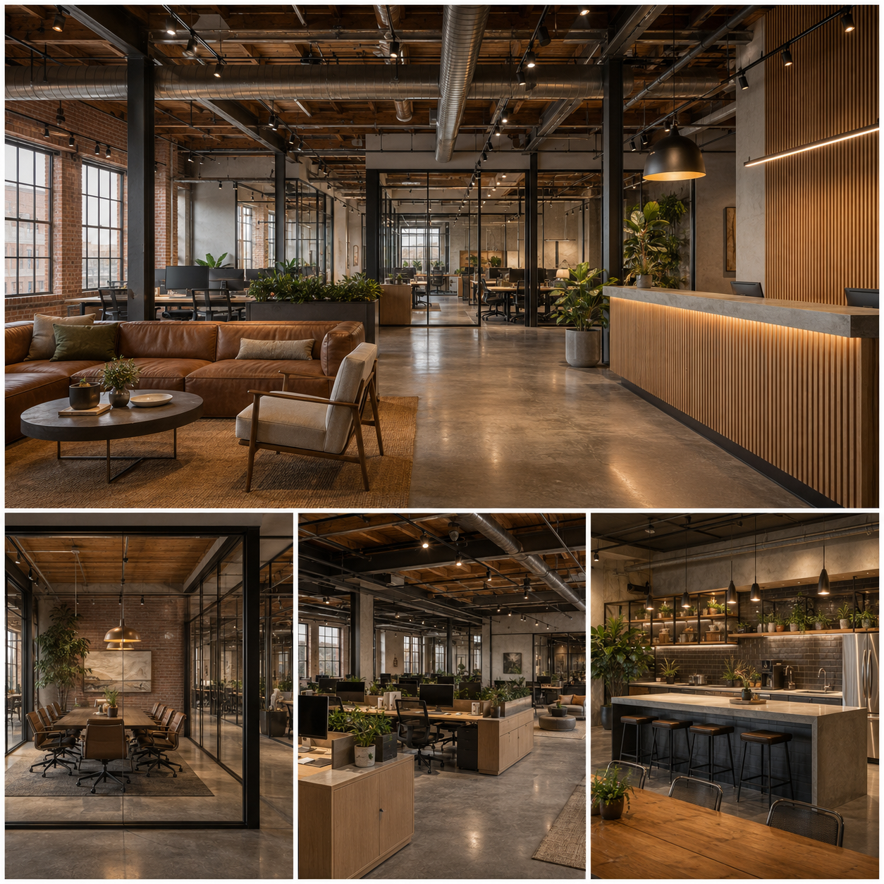 Industrial office interior design featuring exposed brick, open ceilings, structural steel, polished concrete floors, glass meeting rooms, warm wood details, and collaborative workspaces.