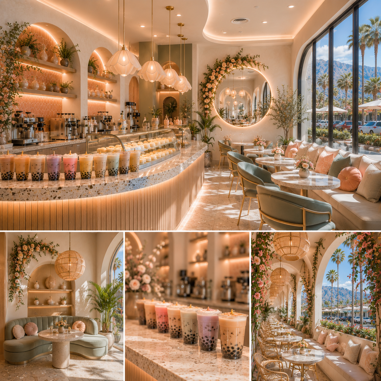 Instagrammable boba tea shop interior design in Azusa, CA, featuring colorful geometric accents, terrazzo finishes, modern lighting, comfortable seating, greenery, and a vibrant commercial drink counter.