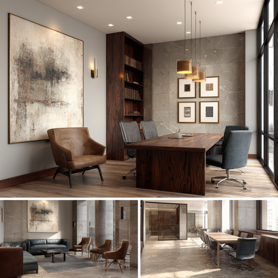 Law firm interior design showing a luxury reception area, attorney consultation room, executive boardroom, and partner office with premium legal office interiors.