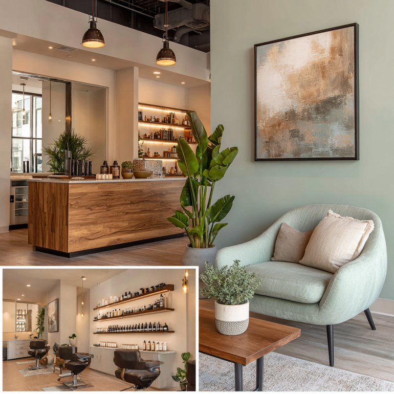 Modern hair salon interior design in Buena Park showing styling stations, shampoo bowls, treatment area, reception desk, and retail product display in a clean upscale salon setting.