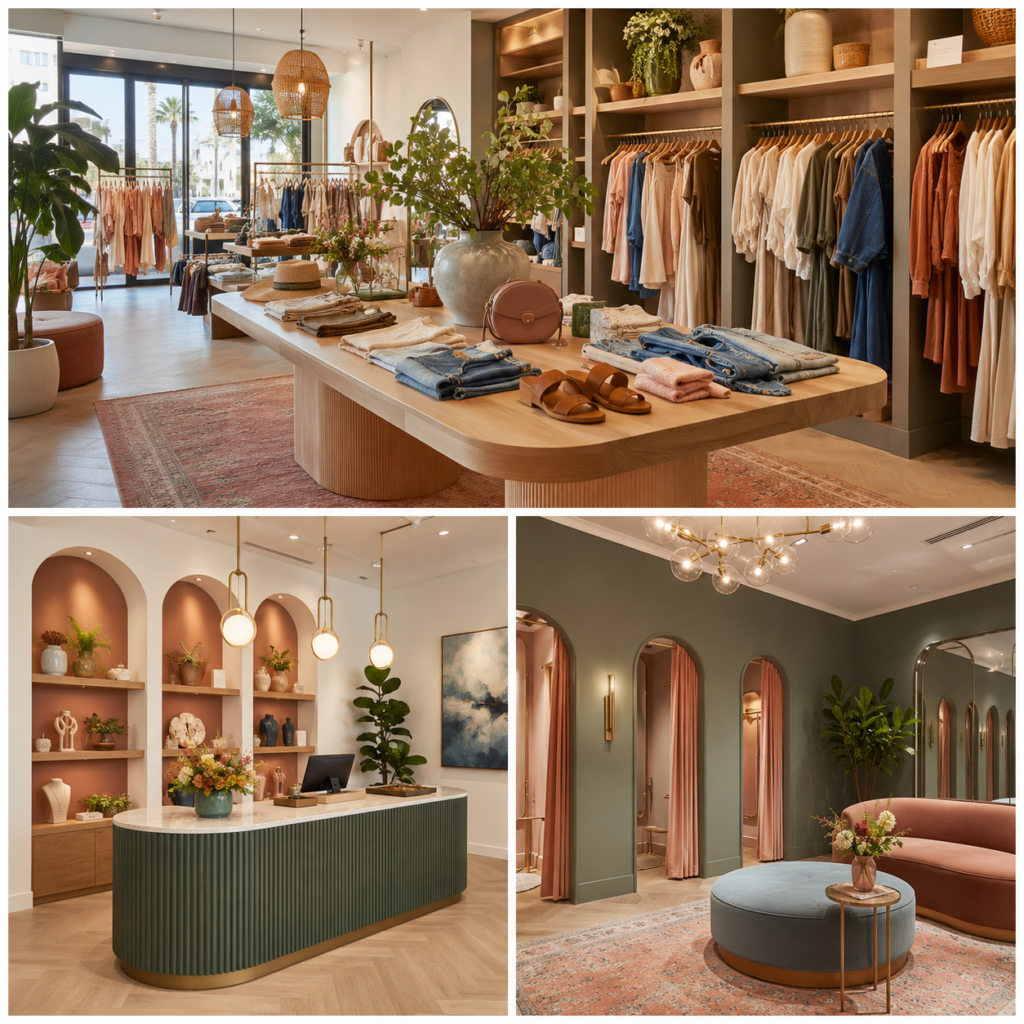 Luxury boutique interior design in Anaheim showing clothing displays, checkout counter, fitting rooms, warm lighting, plants, and elegant modern retail décor.