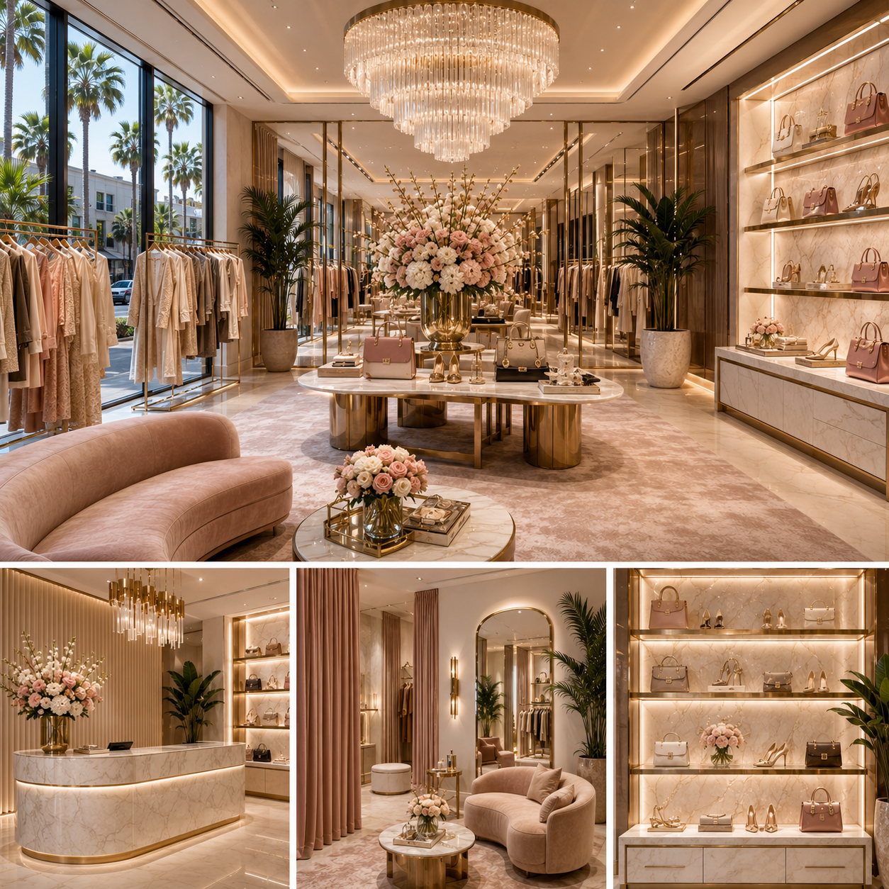Luxury boutique interior design in Beverly Hills showing an exclusive storefront, fitting lounge, accessory display, and retail showroom with marble and brass details.
