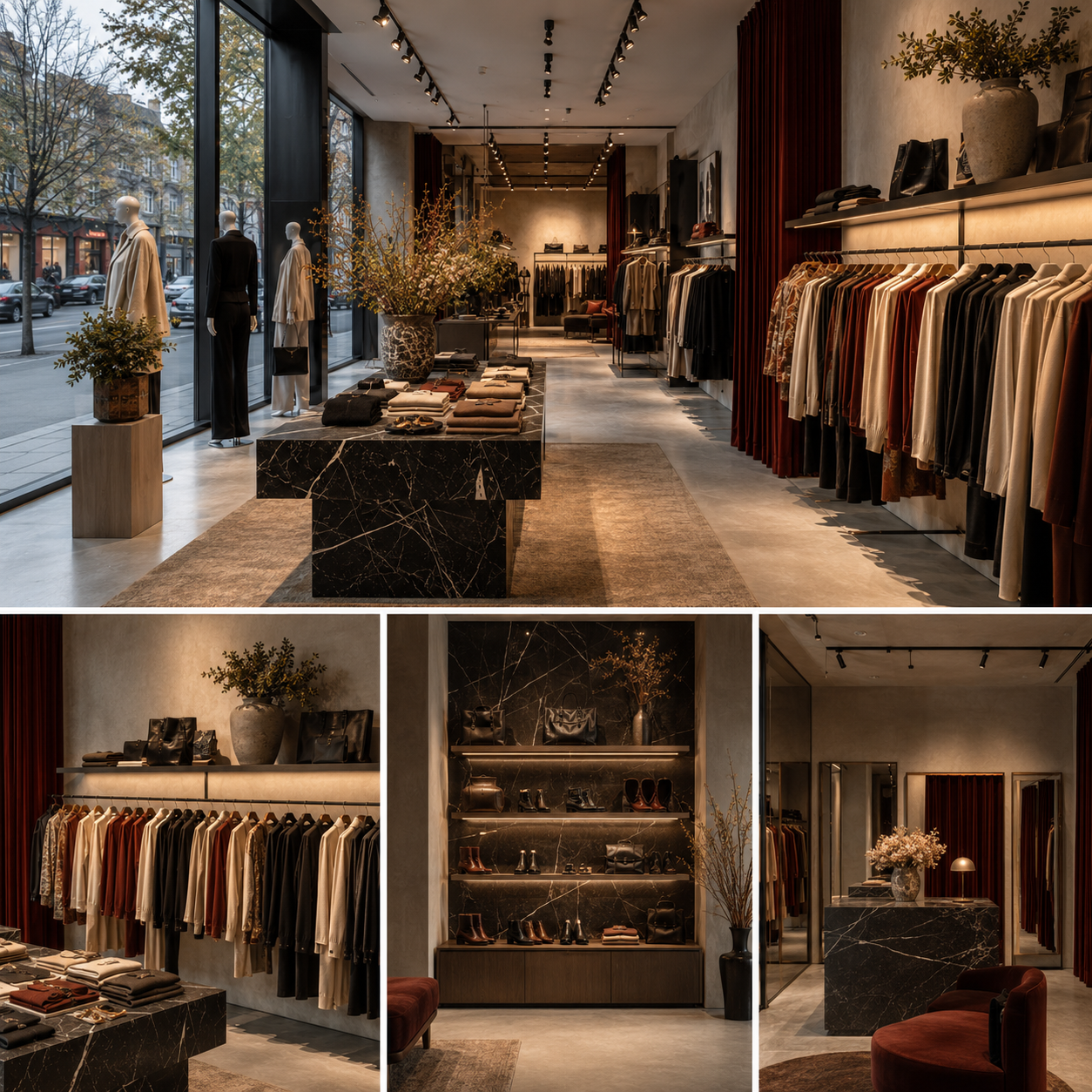 Luxury boutique interior design collage featuring a stylish fashion retail store with clothing displays, accessories, and elegant fitting areas.