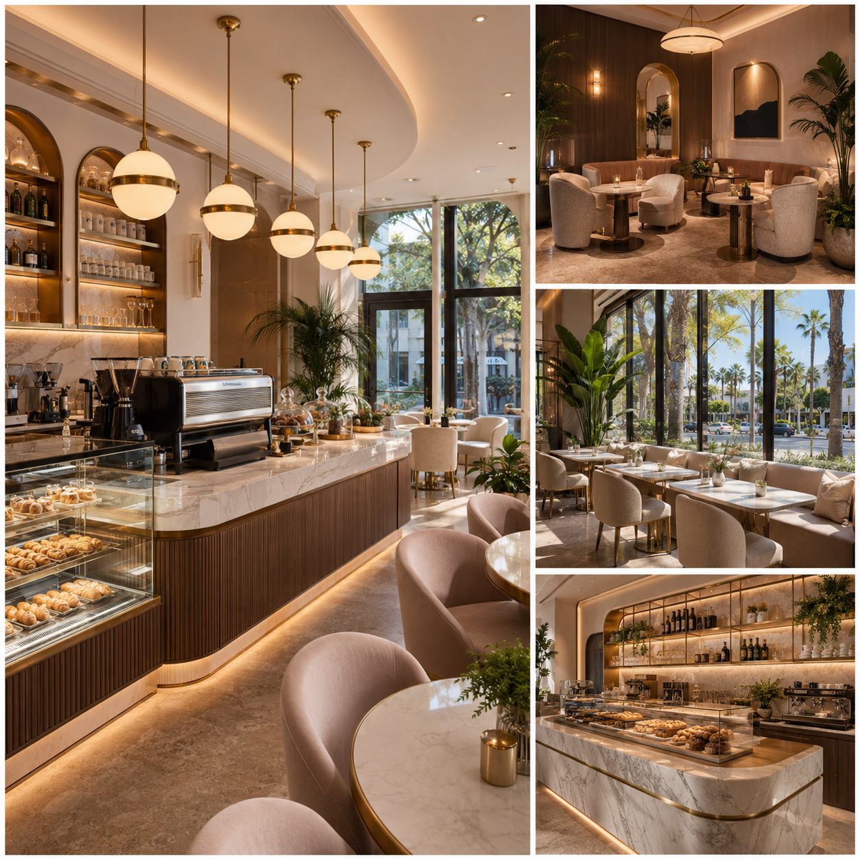 Luxury café interior design in Beverly Hills showing a coffee counter, lounge seating, window dining area, and pastry display with upscale modern finishes.