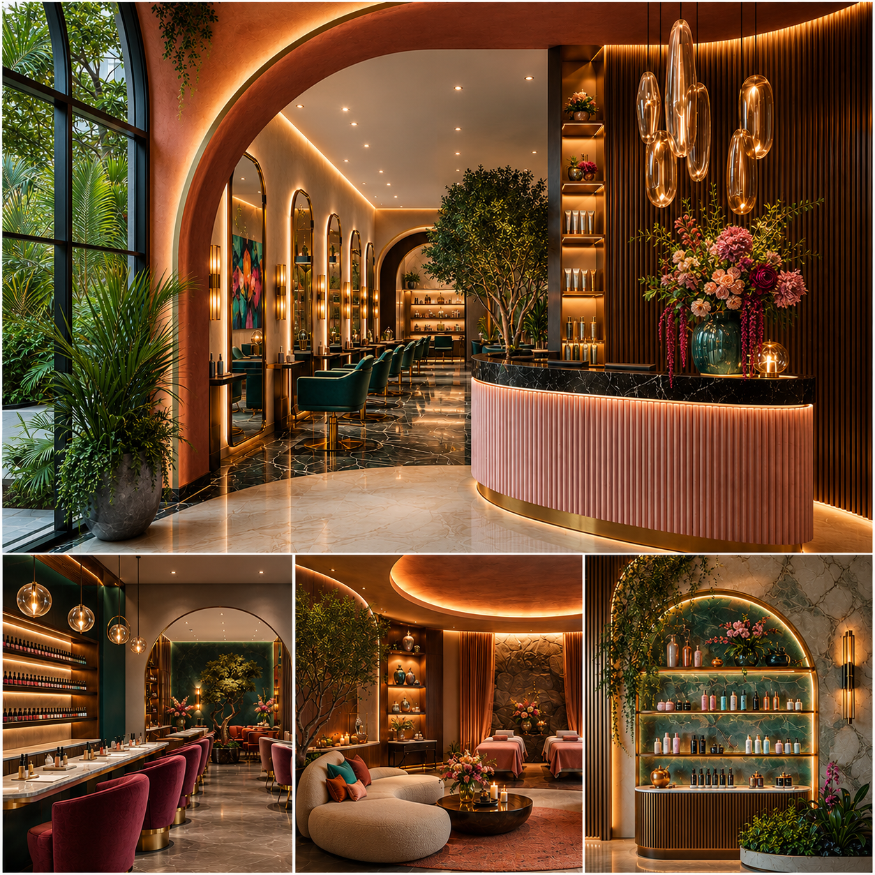 Luxury colorful spa and salon interior design collage featuring a modern reception area, nail bar, treatment lounge, and product display.