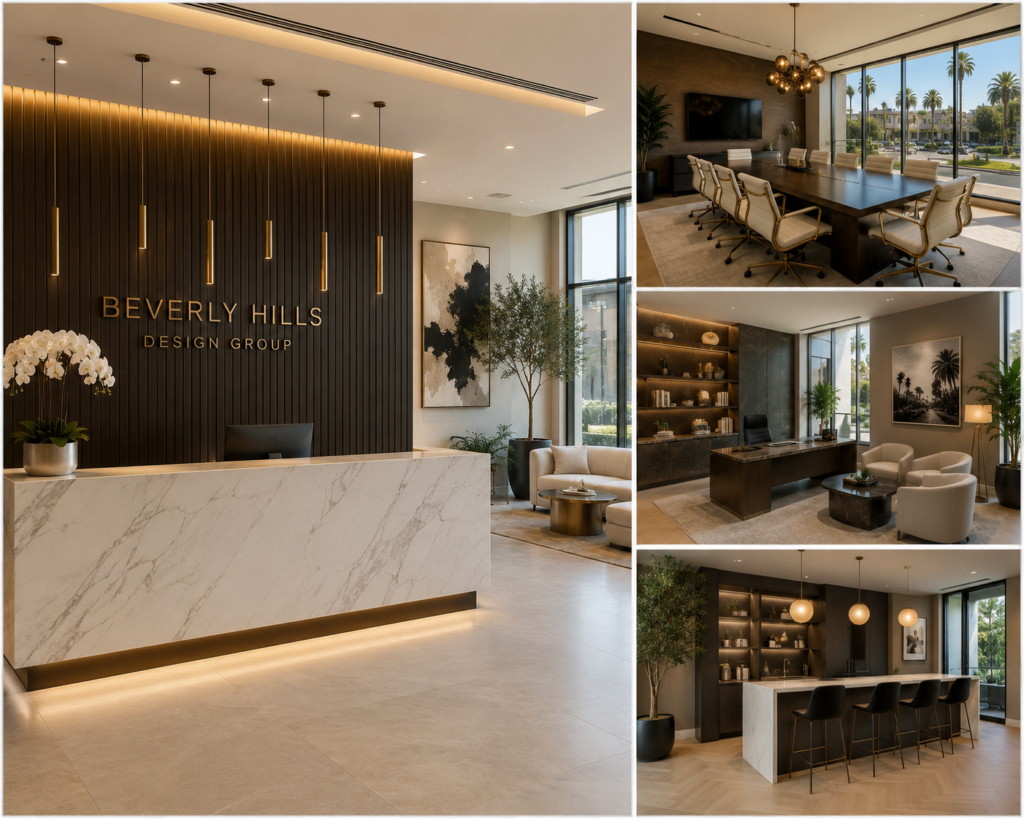 Luxury commercial interior design in Beverly Hills showing a reception lobby, boardroom, private office, and break area with marble finishes, brass accents, wood panels, and elegant lighting.