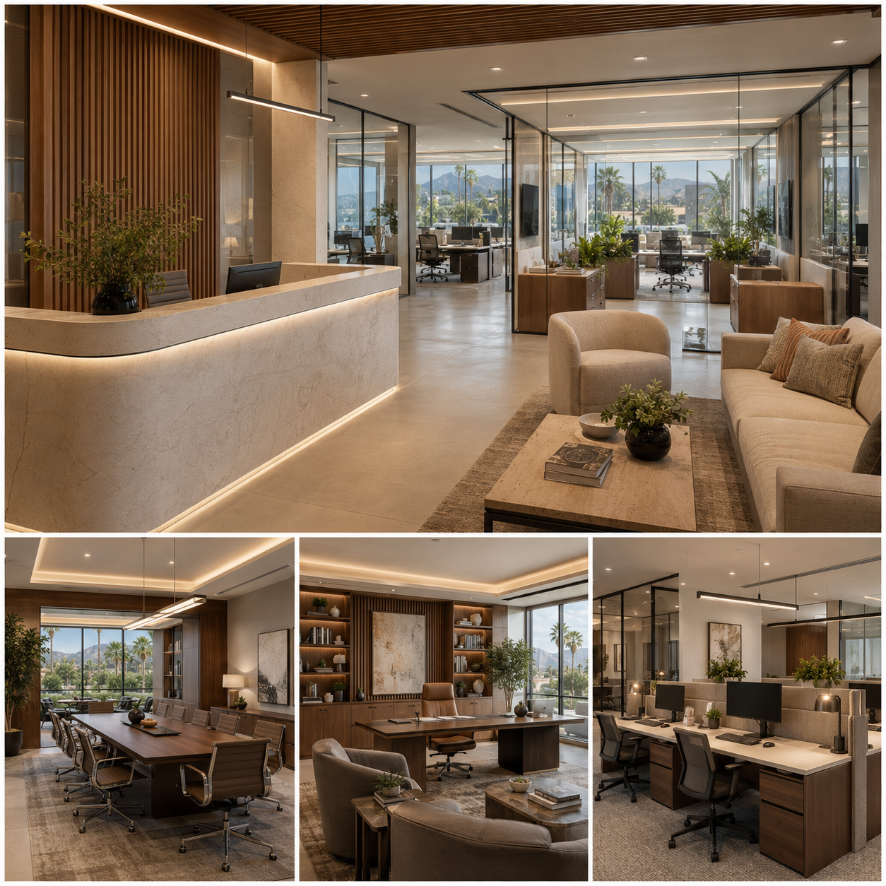 Luxury commercial office interior in Azusa featuring glass partitions, custom wood details, architectural lighting, ergonomic workstations, a conference room, and an executive office.