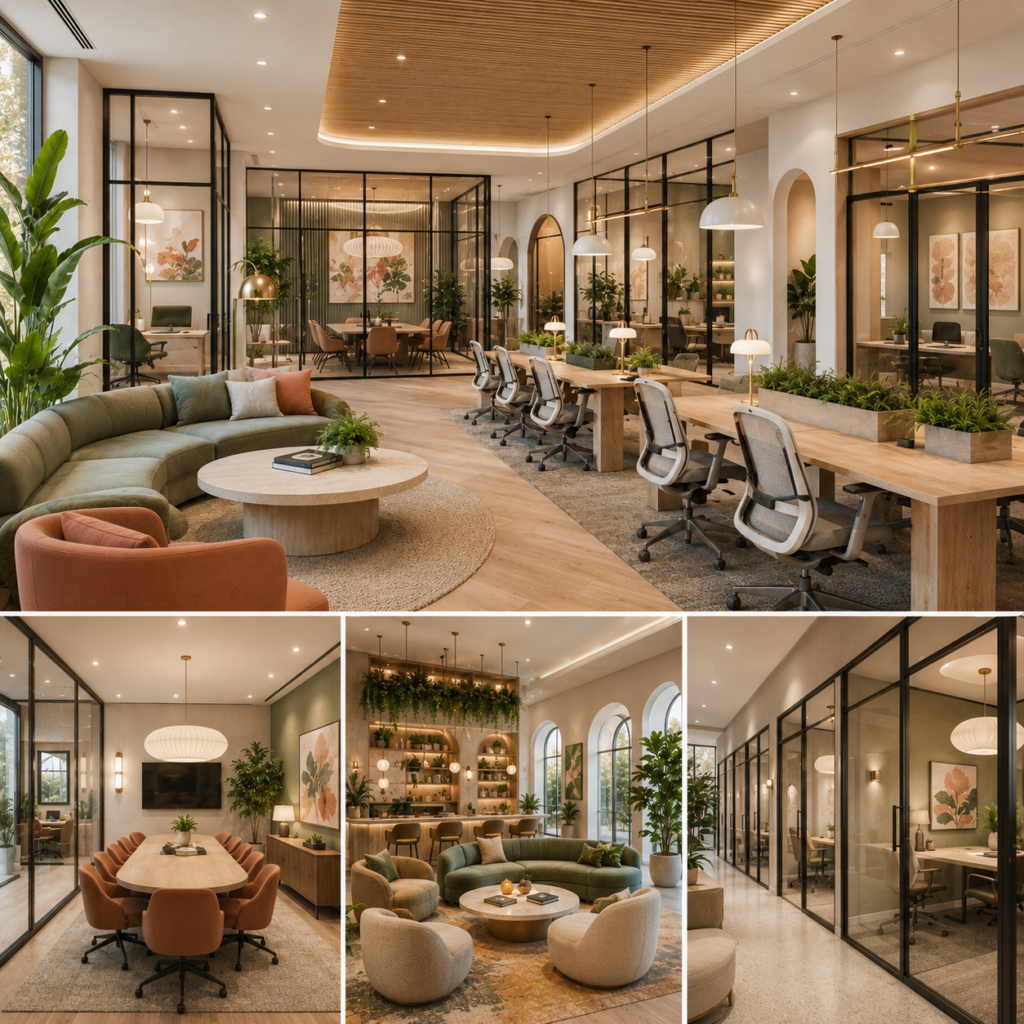 Luxury coworking office interior in Arcadia featuring shared workstations, private offices, glass meeting rooms, lounge seating, and elegant collaborative spaces.