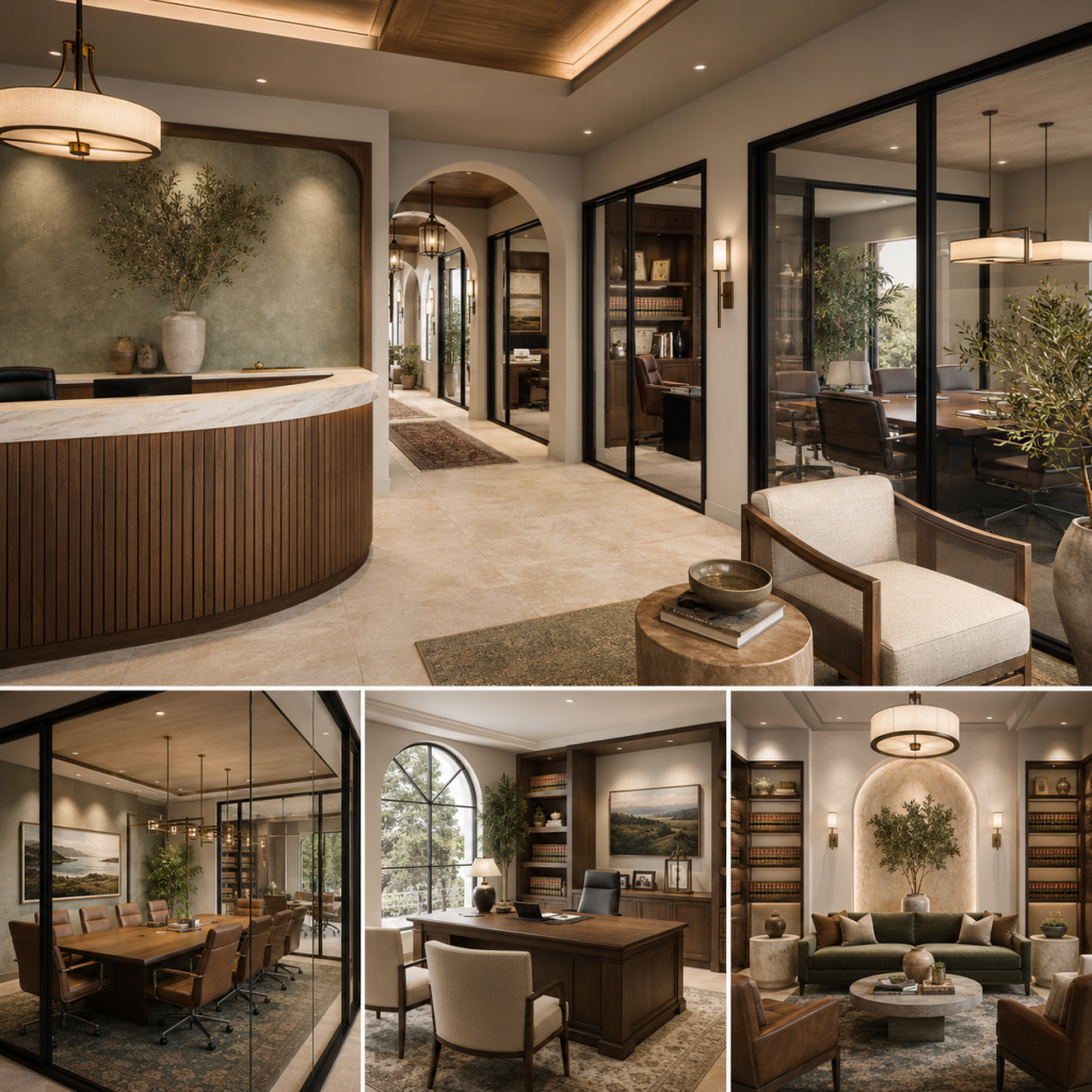 Luxury law office interior design in Arcadia featuring an elegant reception area, glass conference room, private attorney office, and client lounge.