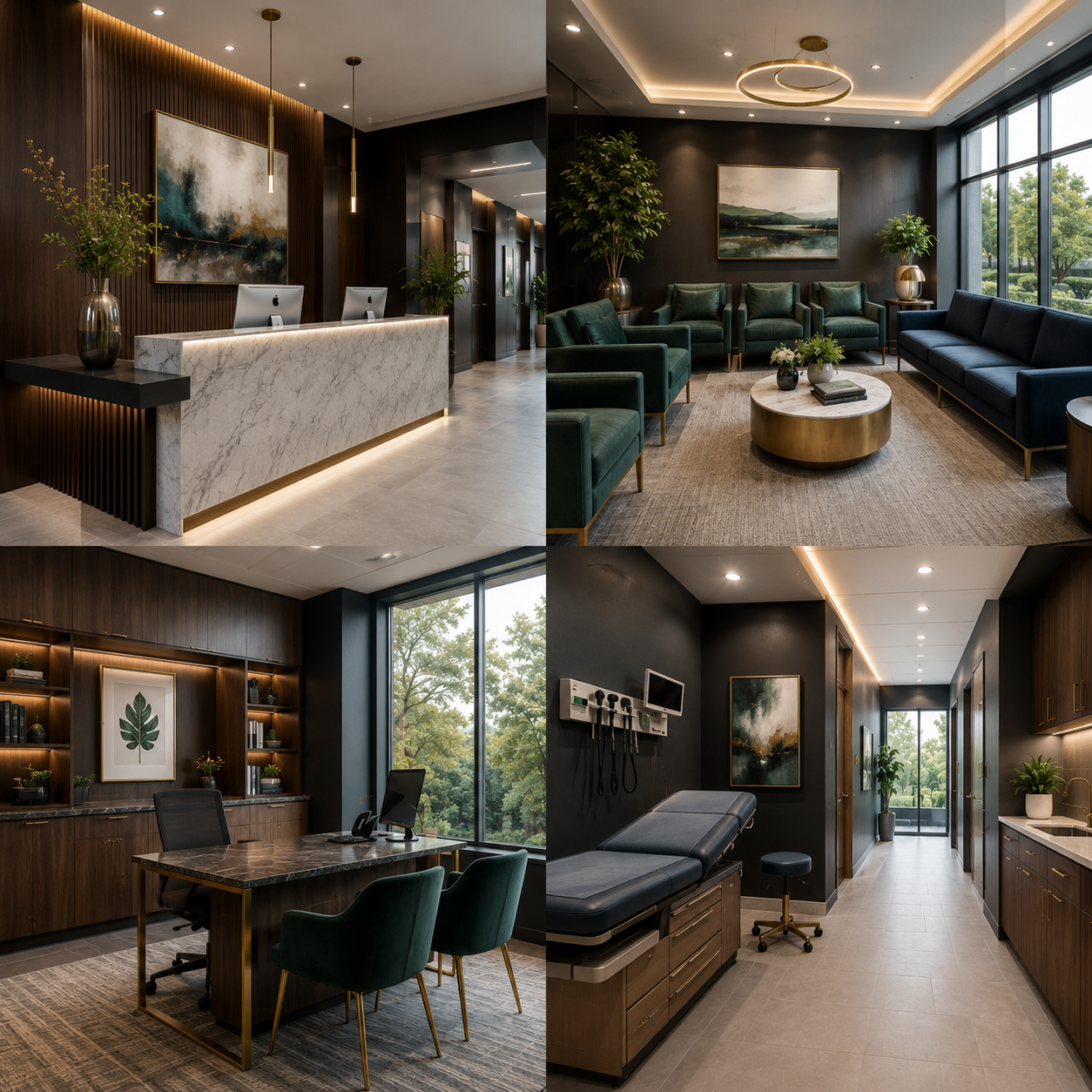Luxury medical office interior design featuring reception, waiting room, consultation office, and treatment room.
