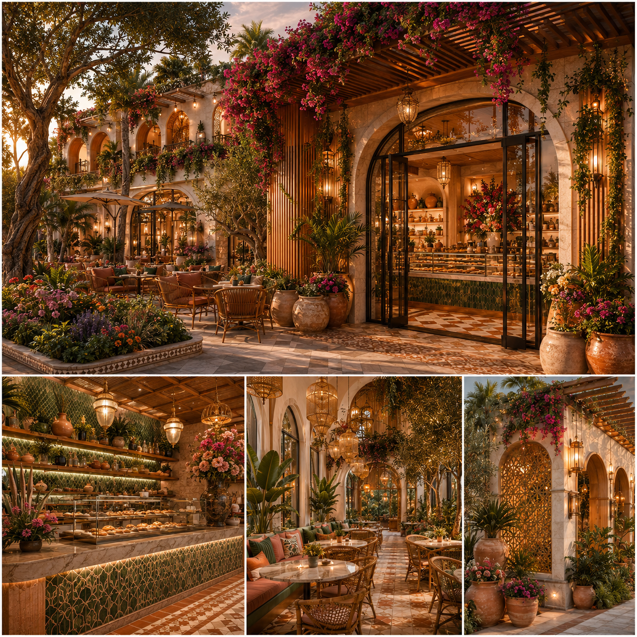 Luxury Mediterranean café design in Arcadia featuring arched façades, lush landscaping, outdoor seating, and elegant bakery interiors.