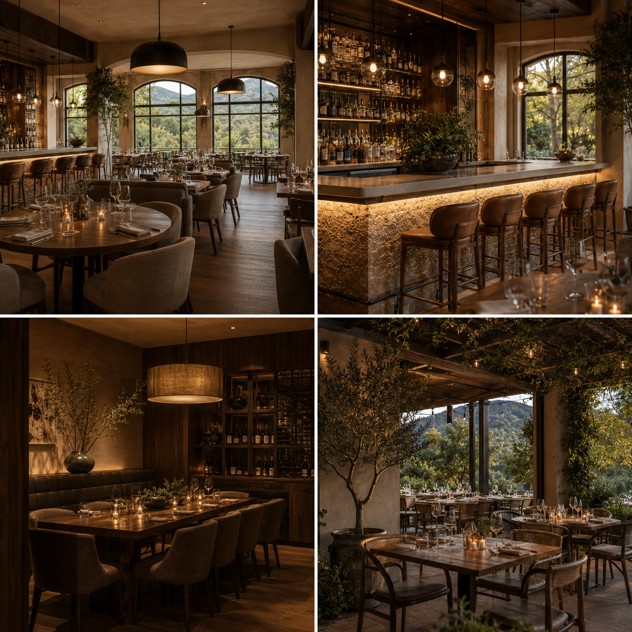 Luxury restaurant interior design in Altadena showing a dining area, bar, private room, and outdoor patio with warm wood finishes and elegant lighting.