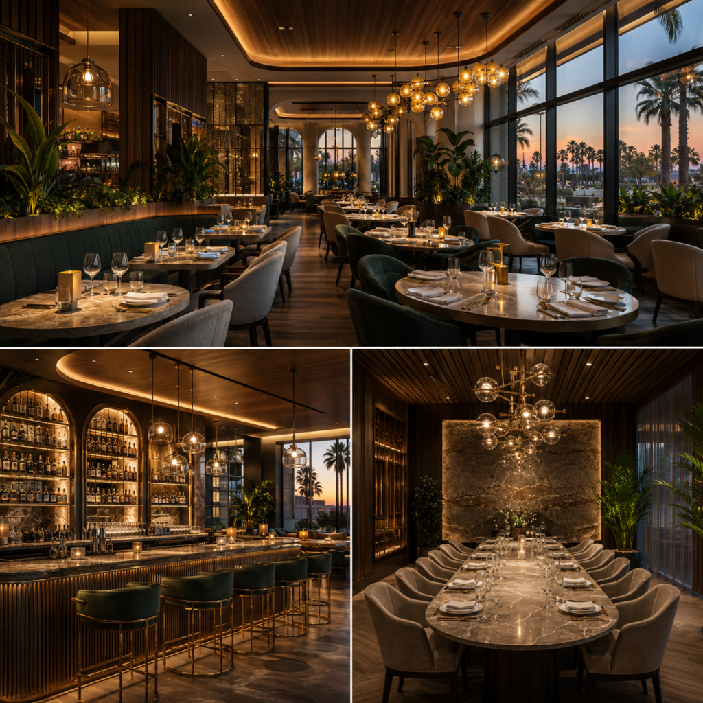 Luxury restaurant interior design in Anaheim featuring a sophisticated main dining area, elegant bar, and private dining room with premium materials, warm lighting, and refined contemporary finishes