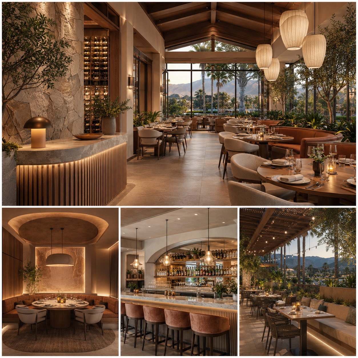 Luxury restaurant interior in Azusa, California, featuring warm wood finishes, stone walls, elegant dining areas, a modern bar, private seating, and a landscaped outdoor patio.