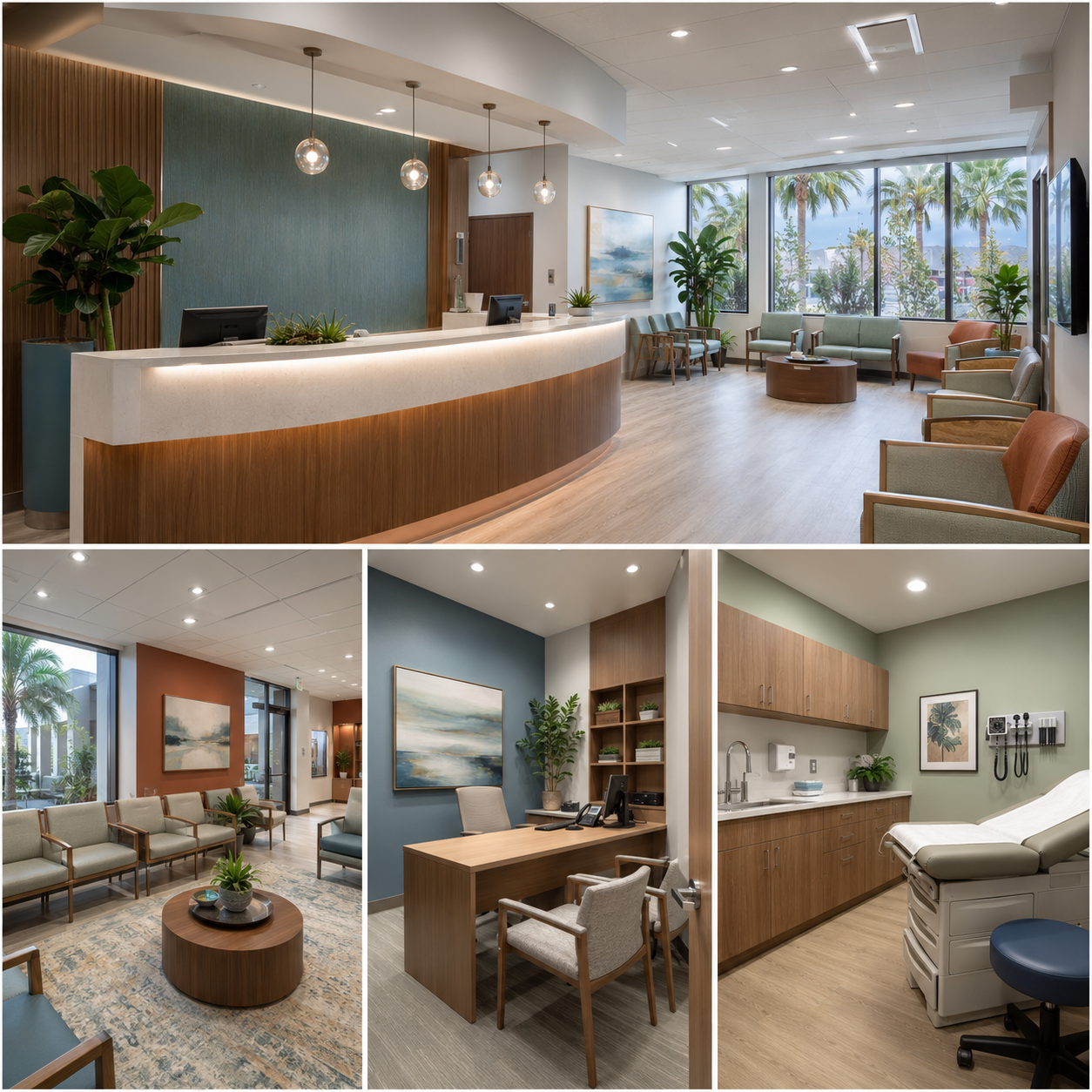 Medical office interior design in Anaheim showing a reception desk, waiting area, consultation office, and exam room in a modern healthcare setting.