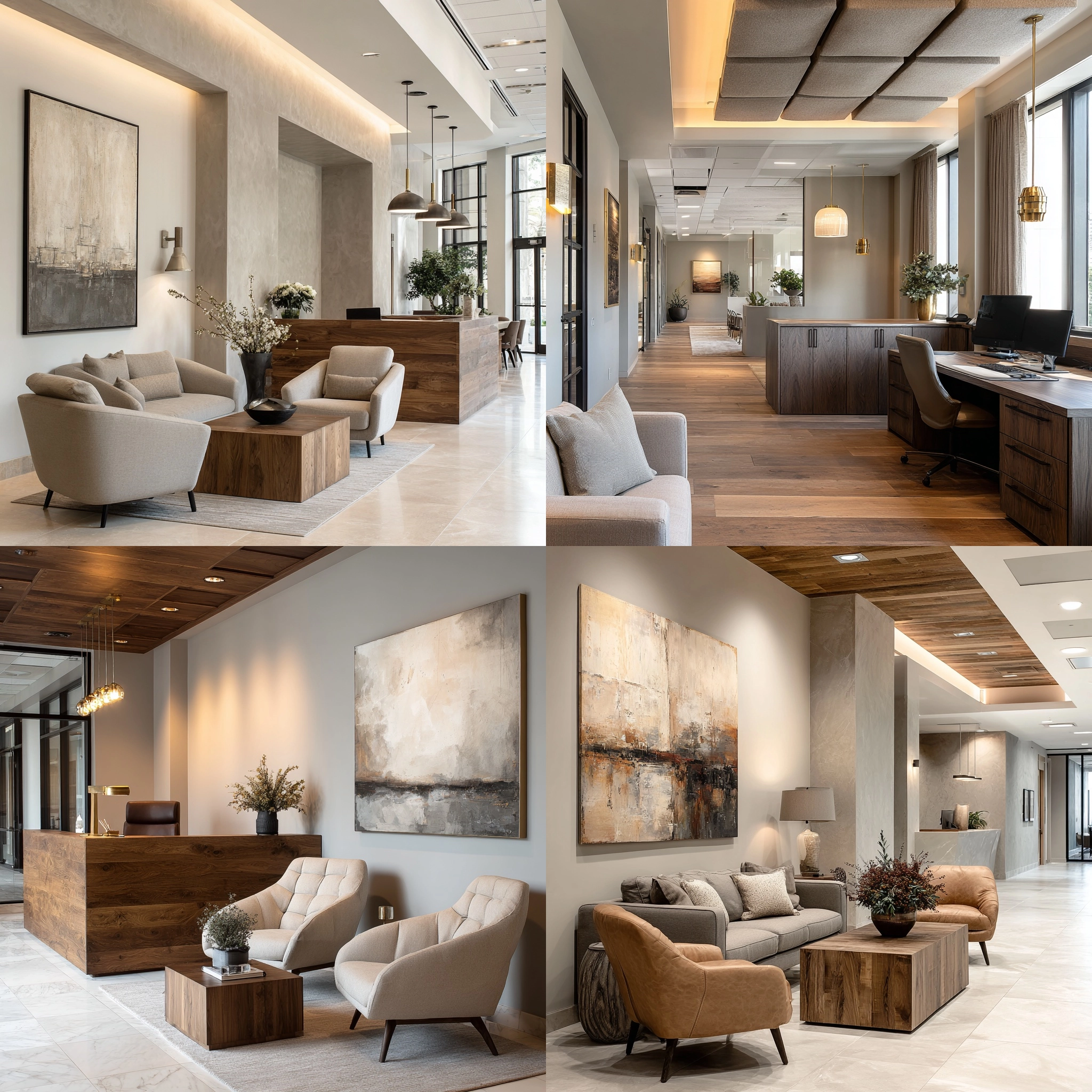 Minimalist professional office interior design in Altadena showing a refined office for law firms and financial advisors with clean partitions, warm lighting, wood finishes, and brass accents.