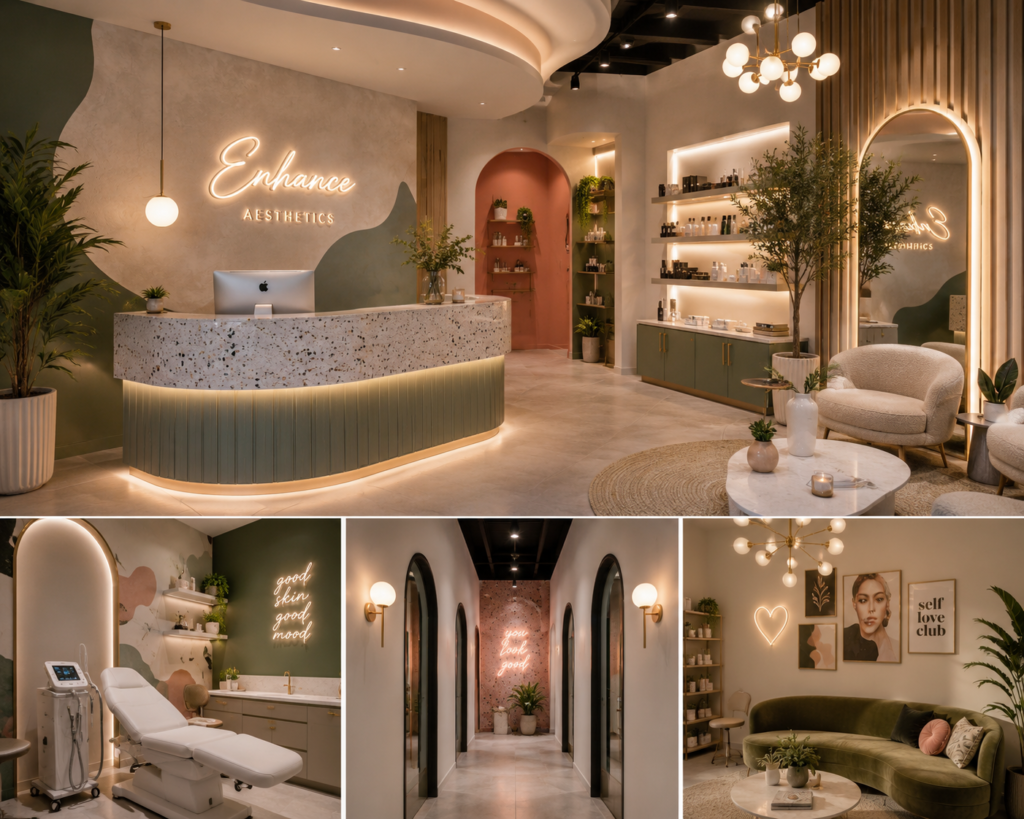 Modern aesthetics clinic interior in Azusa featuring a curved reception desk, warm architectural lighting, skincare display shelves, soft seating, and elegant treatment areas.