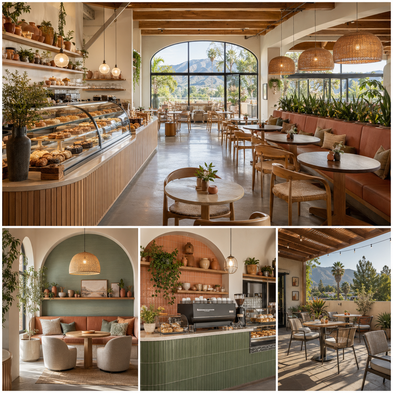 Modern café interior design in Azusa featuring a bakery counter, indoor seating, cozy lounge area, and outdoor patio with mountain views.
