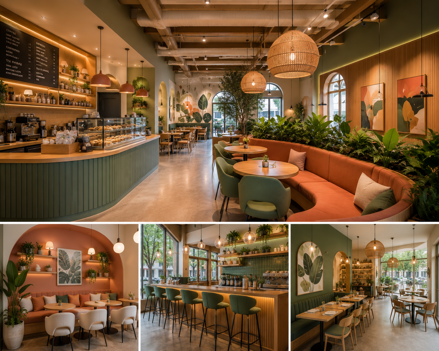 Modern café interior design in Brea showing a coffee counter, lounge seating, bar area, and dining space with plants, warm lighting, and natural wood finishes.