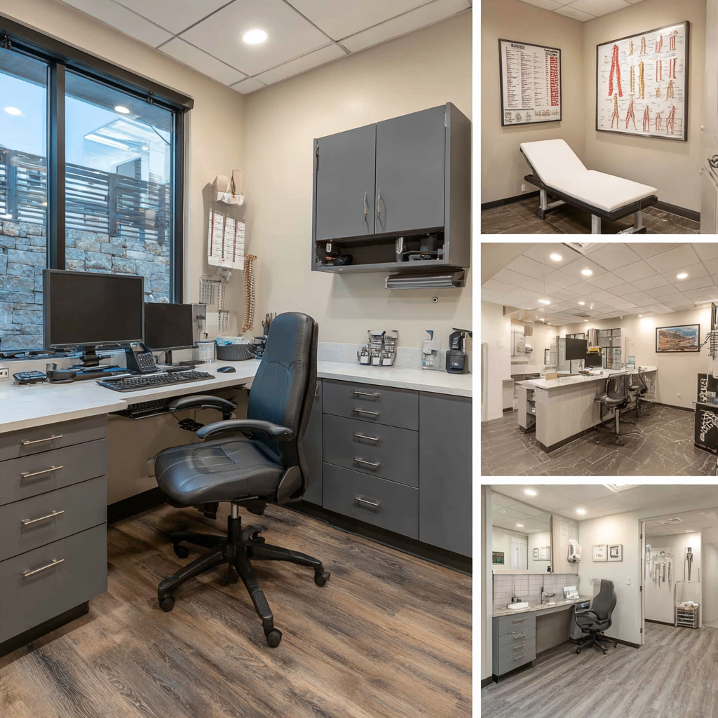 Modern chiropractic office interior design in Altadena showing reception, posture assessment room, private adjustment room, and therapy rehabilitation area with chiropractic equipment.