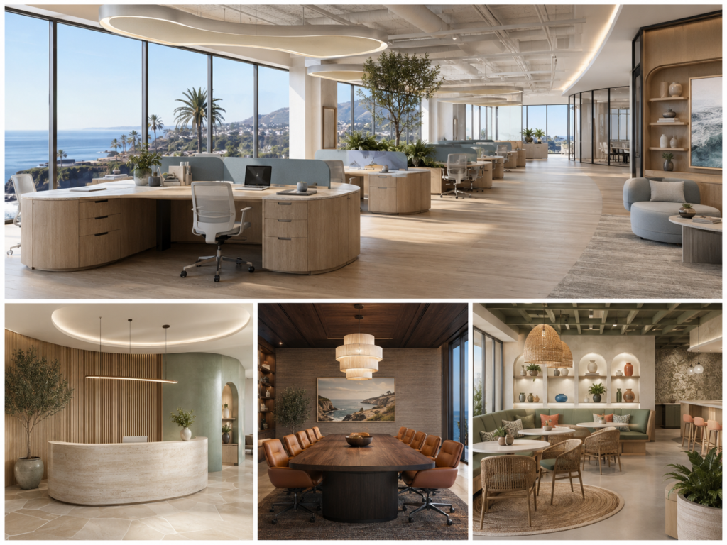 Modern coastal office interior in Corona del Mar featuring an open workspace, curved reception desk, executive conference room, and stylish employee lounge