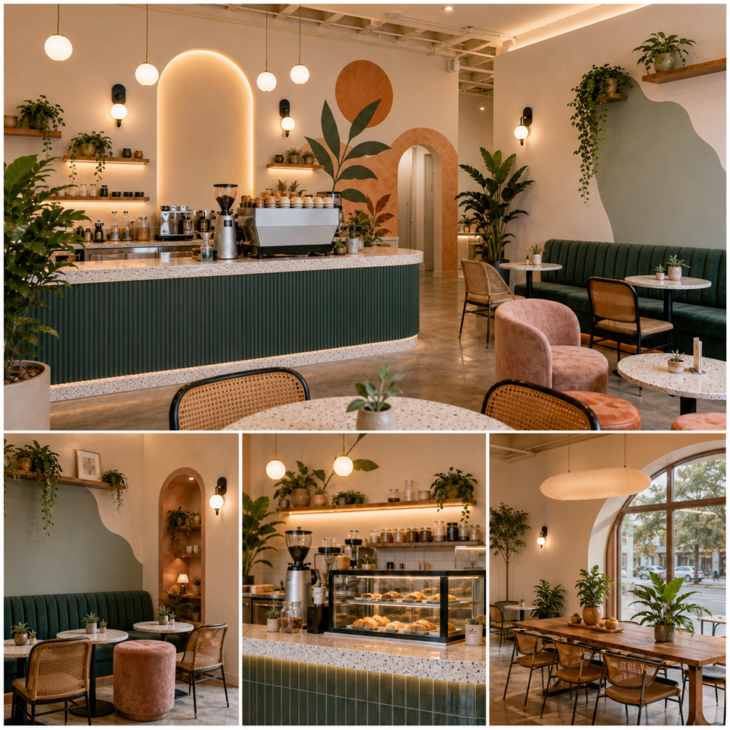 Modern café interior design in Azusa featuring a curved service counter, terrazzo finishes, green banquette seating, natural wood furniture, indoor plants, and multiple customer seating areas.