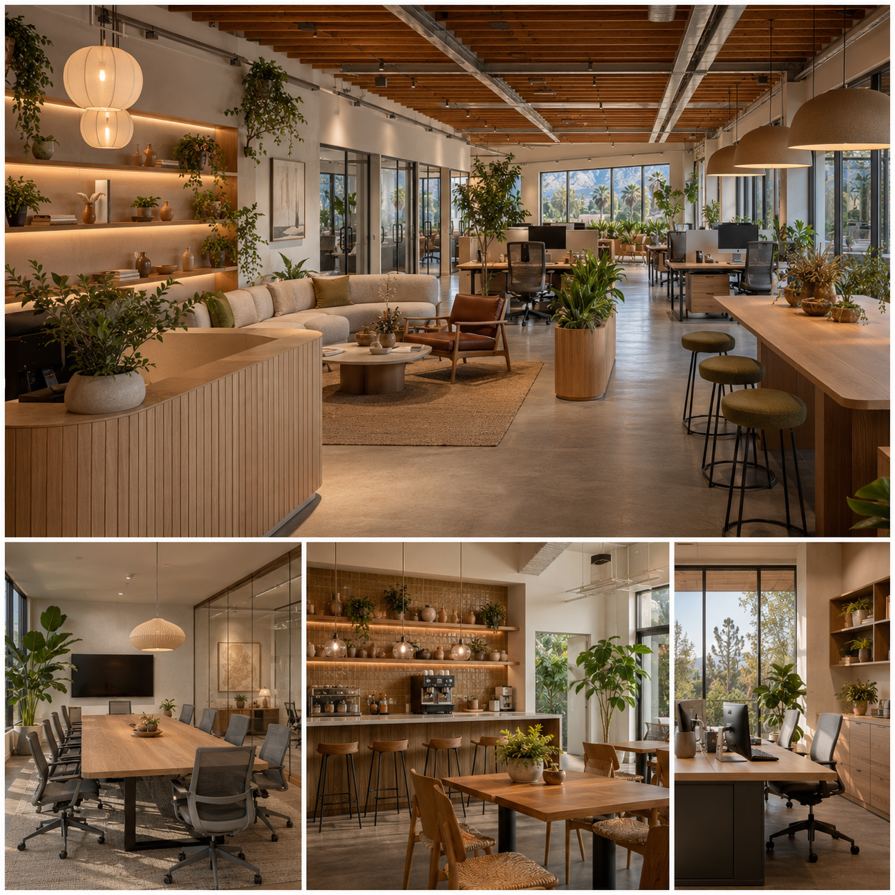 Modern commercial office interior design featuring an open workspace, conference room, corporate café, and private executive office.