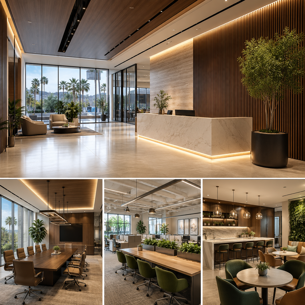 Modern corporate office interior design in Brea with reception lobby, conference room, collaborative workspace, and break area in an upscale commercial style.