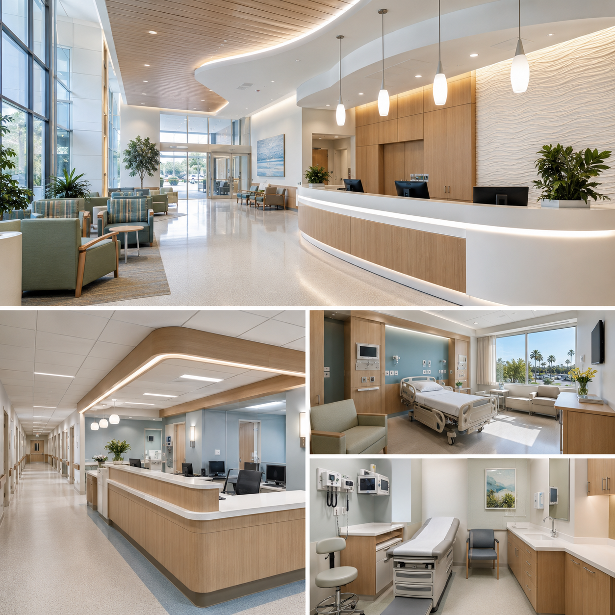 Modern healthcare interior design in Buena Park featuring hospital reception, patient care room, exam space, medical corridor, warm wood finishes, and calming colors.