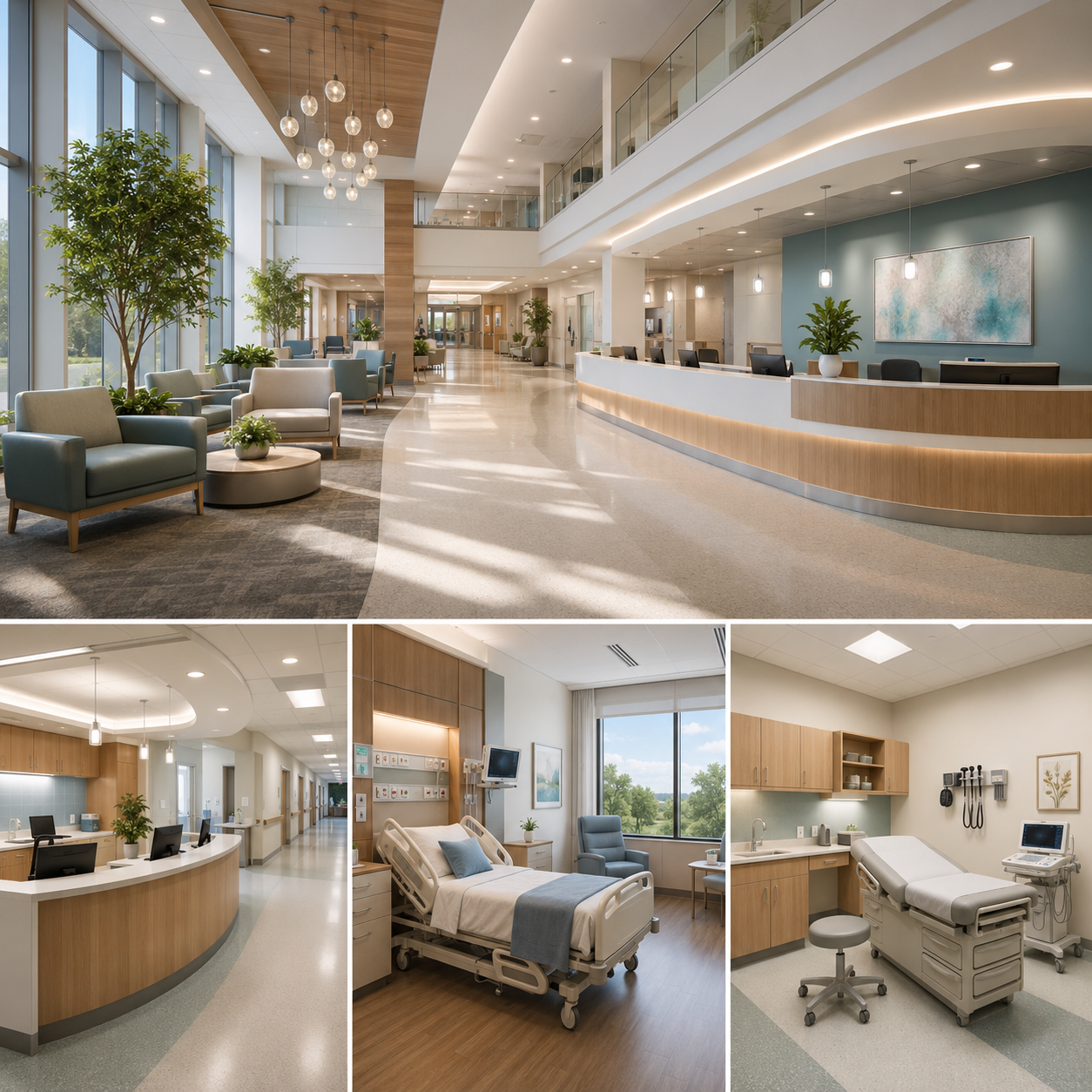 Modern hospital interior design in Brea showing a reception lobby, nurses station, patient room, and treatment room with clean healthcare interiors and warm modern finishes.