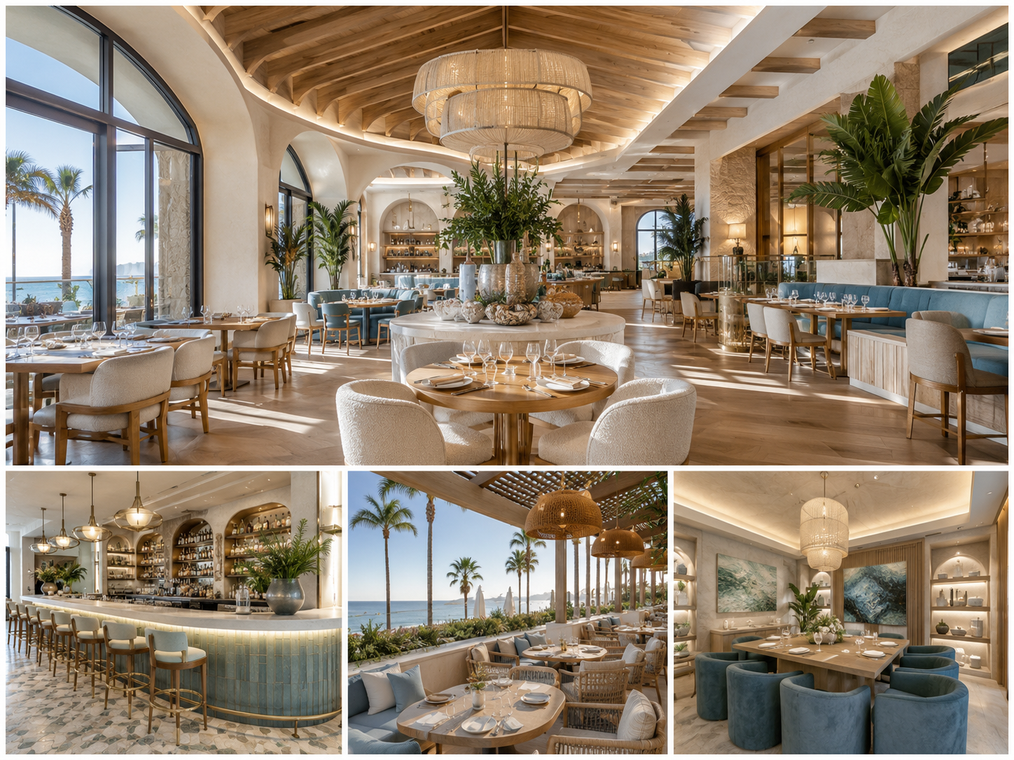 Modern commercial restaurant design in Corona del Mar featuring a dining room, bar, terrace, and private dining area