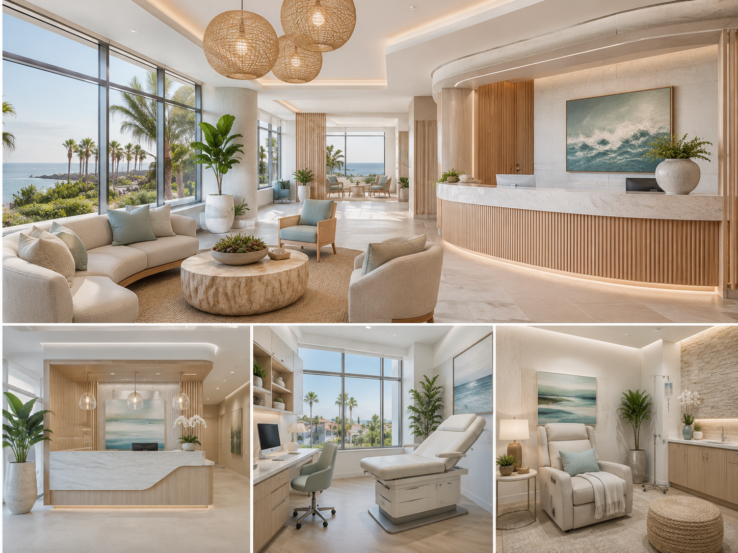 Modern coastal medical center interior in Corona del Mar featuring a reception area, waiting lounge, consultation room, and private treatment space