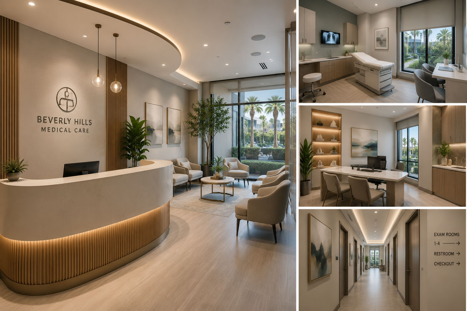 Modern medical clinic interior design in Beverly Hills showing reception, waiting area, exam room, consultation office, and clinical corridor in a clean professional healthcare setting.