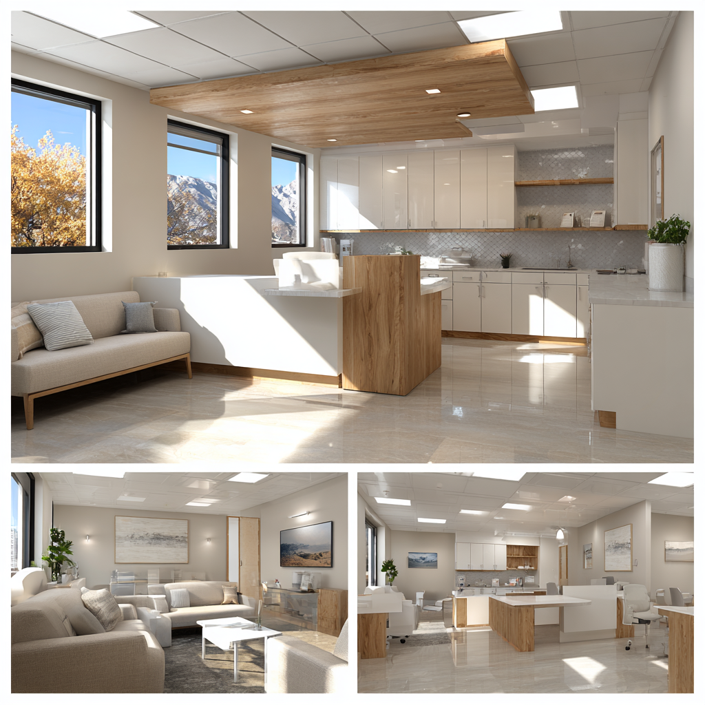 Modern medical office interior design in Altadena showing reception, waiting area, consultation room, and treatment space with warm natural materials and calming healthcare interiors.