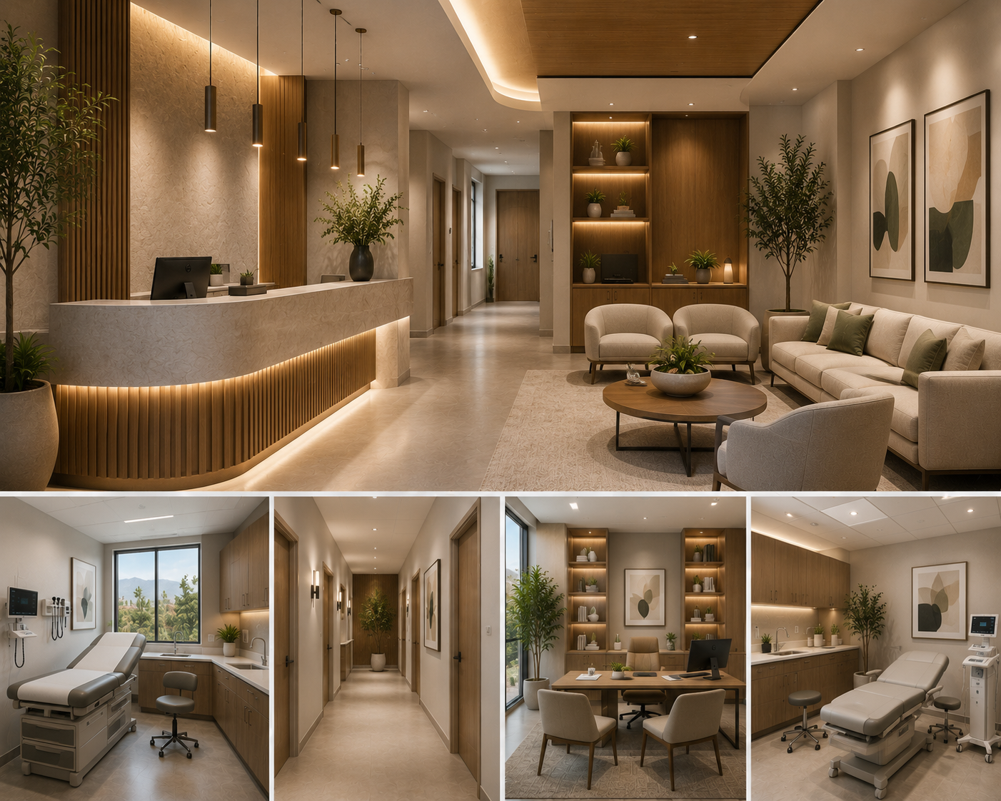 Modern medical office interior design in Azusa, CA, featuring a warm reception area, comfortable waiting room, private consultation space, organized hallways, and fully equipped exam rooms with natural wood finishes and calming neutral tones.