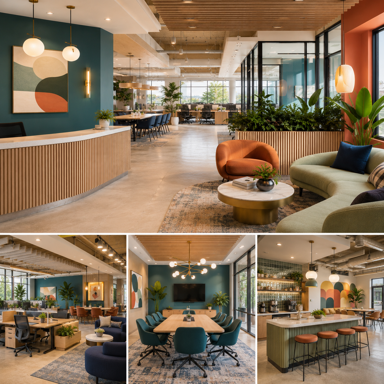 Modern office design in Buena Park, CA showing a colorful reception lounge, open workspace, meeting room, and café break area with fresh contemporary interiors.