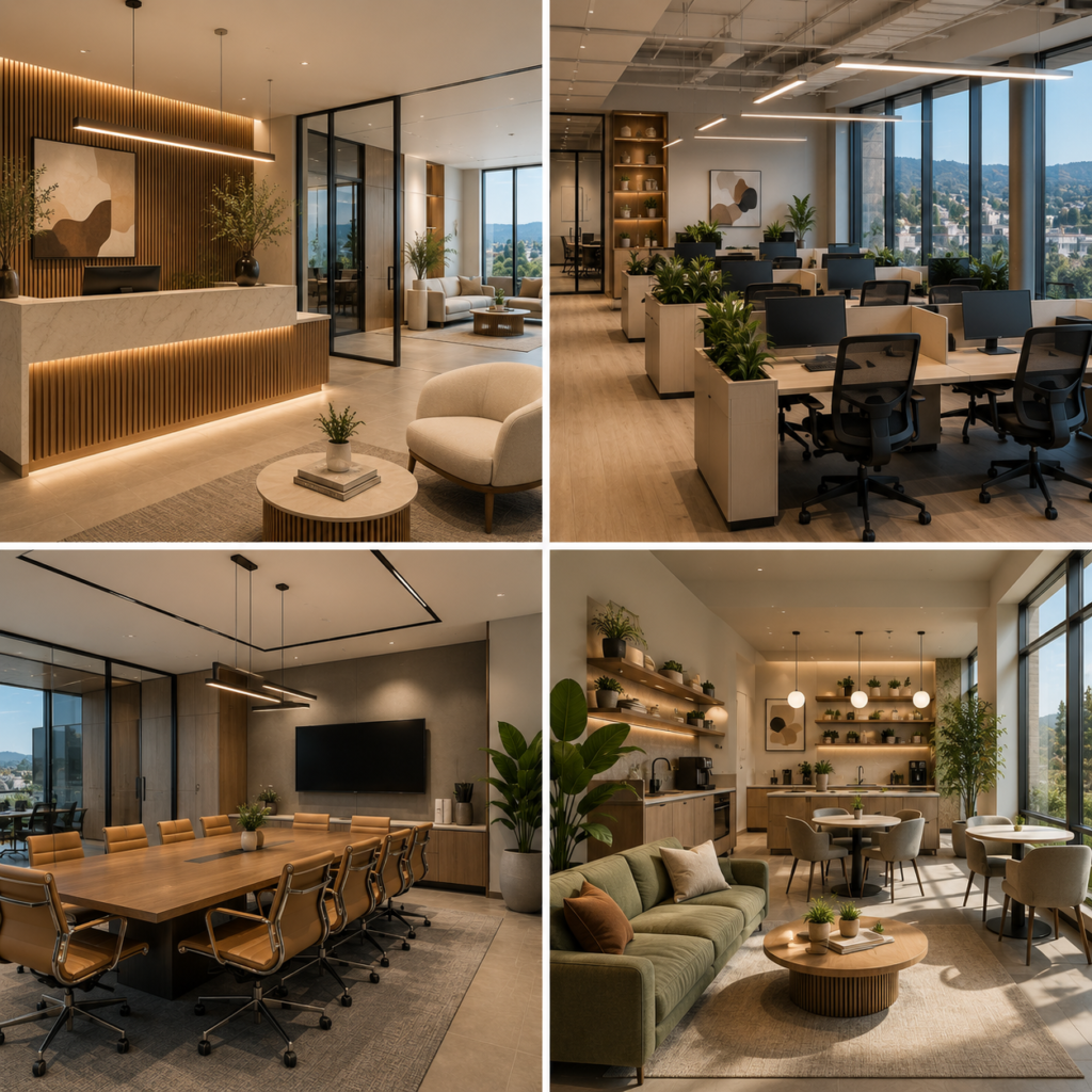 Modern office interior design in Aliso Viejo with reception area, open workspace, conference room, and lounge café in a warm contemporary style.