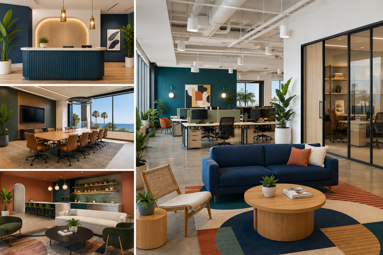 Modern office interior design in Corona del Mar featuring an open workspace, reception area, conference room, and lounge with coastal views